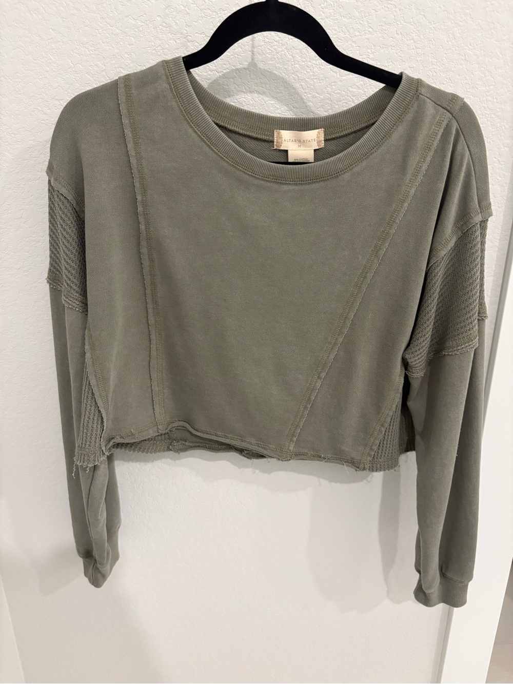 Altar'd State Olive Cropped Raw-Edge Sweatshirt